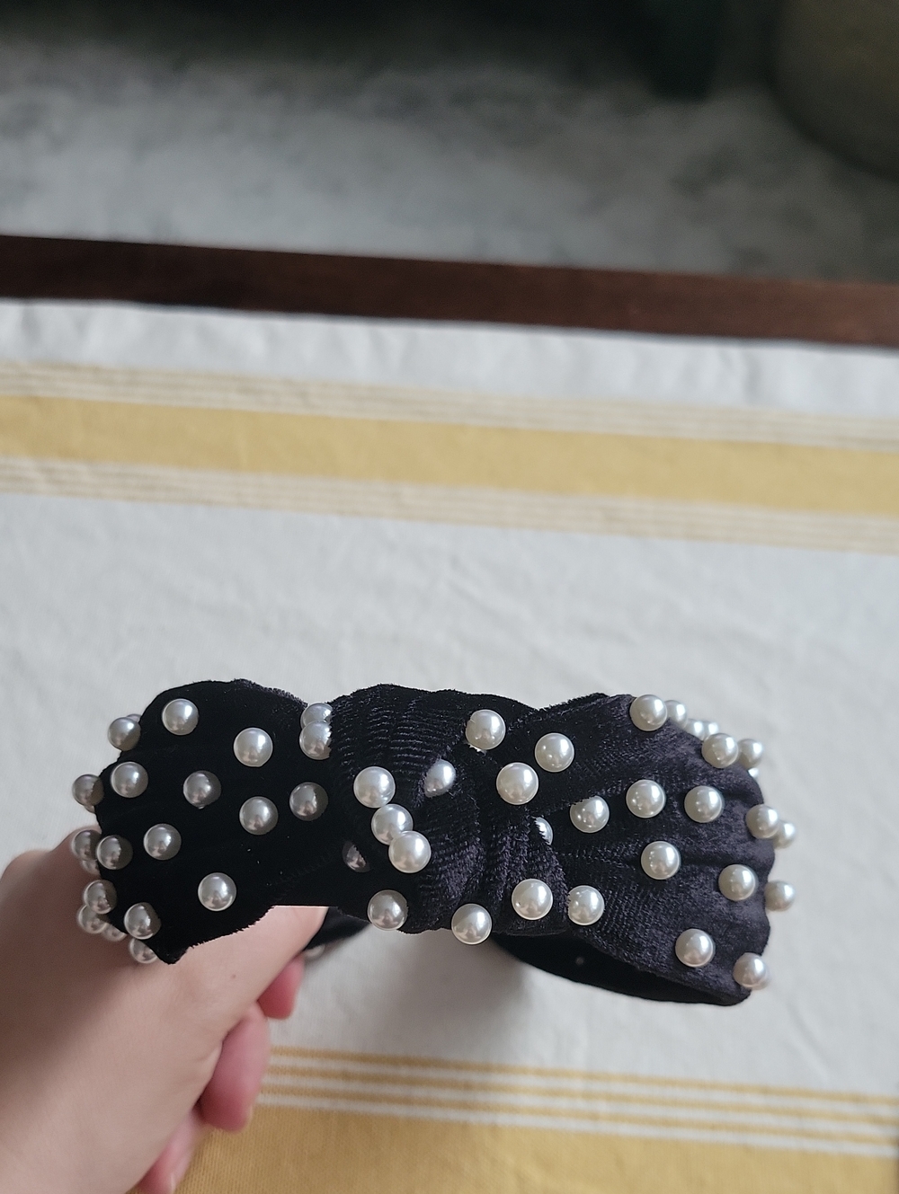 Faux Pearl-Studded Black Knot Headband